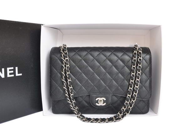 7A Replica Chanel A47600 Black Original Caviar Leather Jumbo Flap Bag Silver